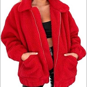 Red fuzzy bomber jacket